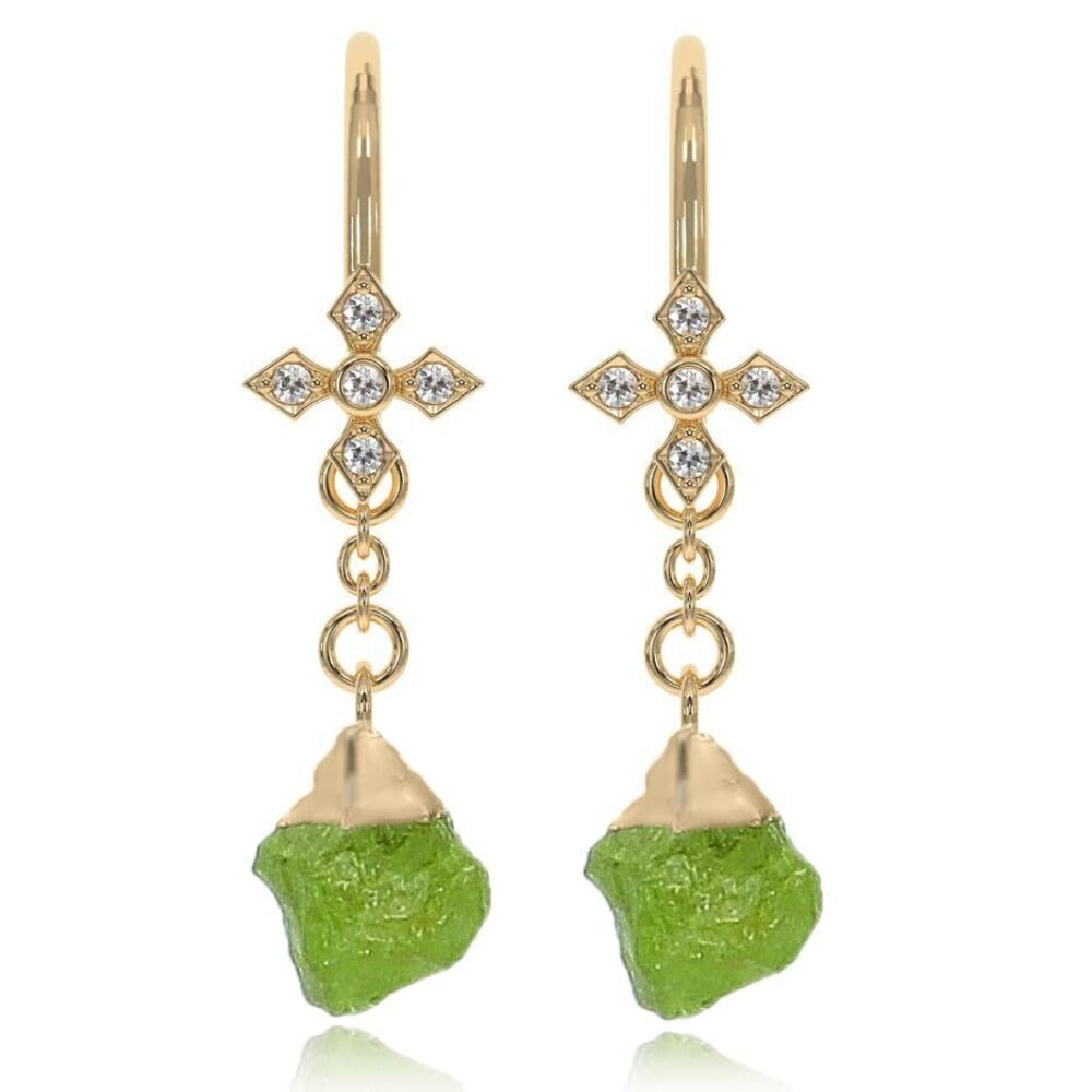 3858 Peridot Earrings in Raw Stone Dangle Drop Shape - 18K Gold Vermeil